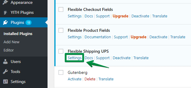 WooCommerce UPS eklentisi - Ayarlar bağlantısı (ekran görüntüsü)