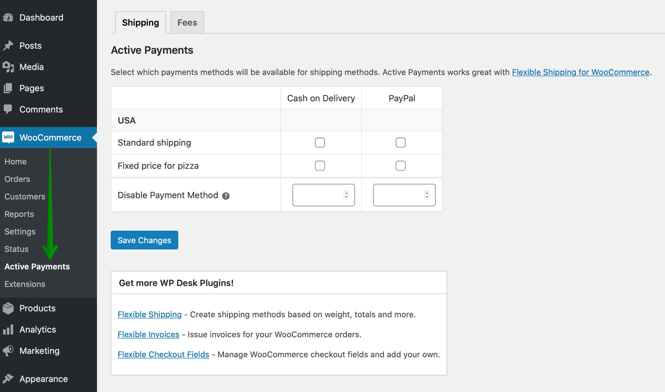 Paramètres de paiements actifs WooCommerce