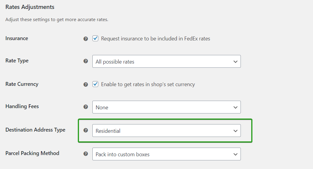 FedEx WooCommerce - نوع عنوان الوجهة