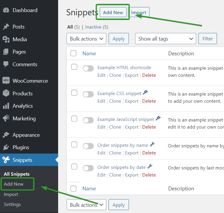 adăugați un nou fragment în pluginul Code Snippets