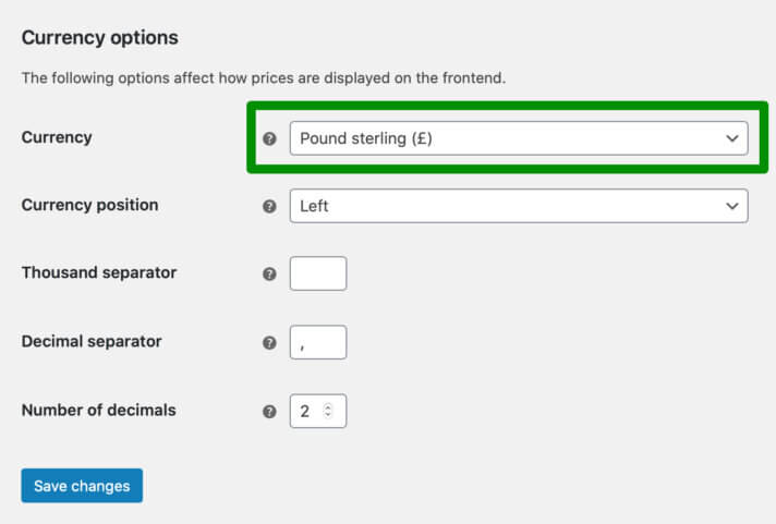 Options de devise WooCommerce