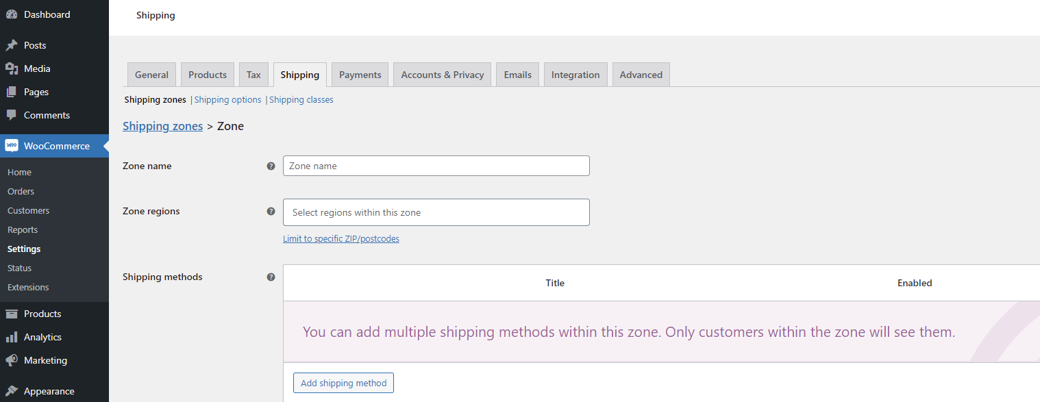 configurar zona de envio no WooCommerce
