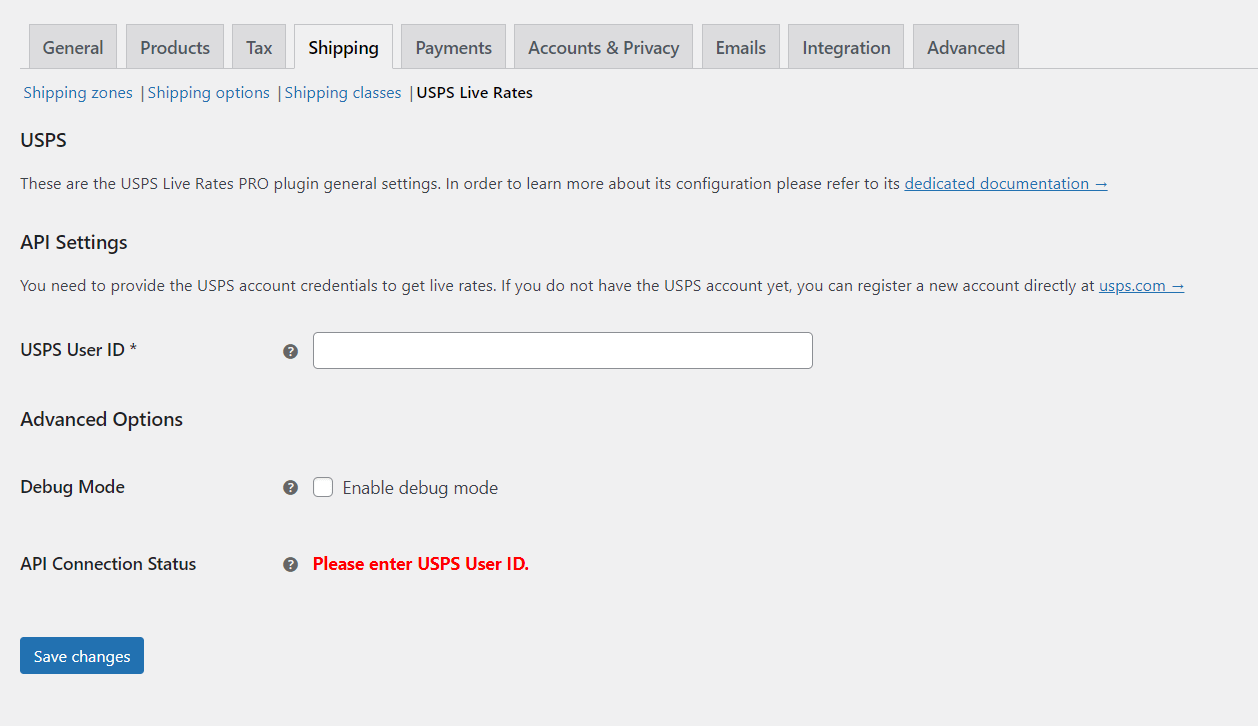 Setările pluginului de expediere USPS WooCommerce