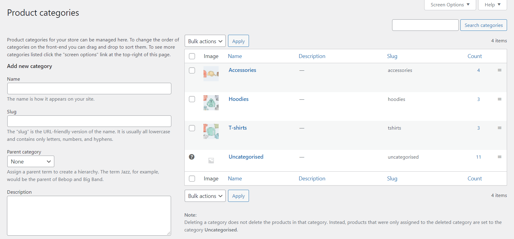 catégories de produits dans la page WooCommerce