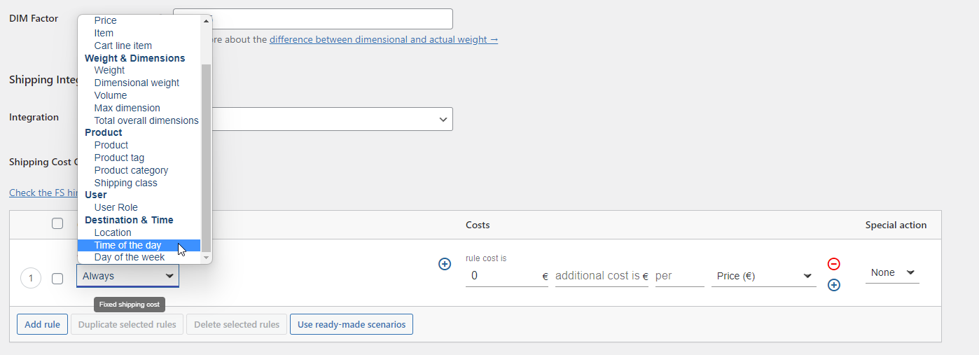 Condición de hora del día en Flexible Shipping PRO