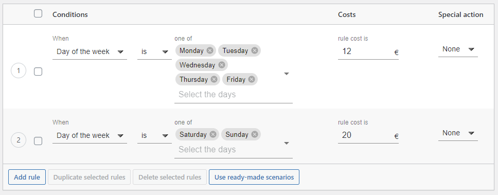 Diferentes configuraciones de entrega por días de la semana