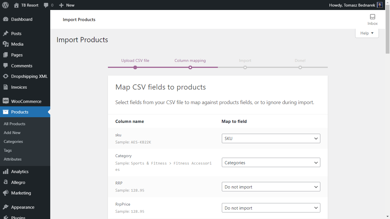 Impor WooCommerce - Petakan bidang CSV ke produk