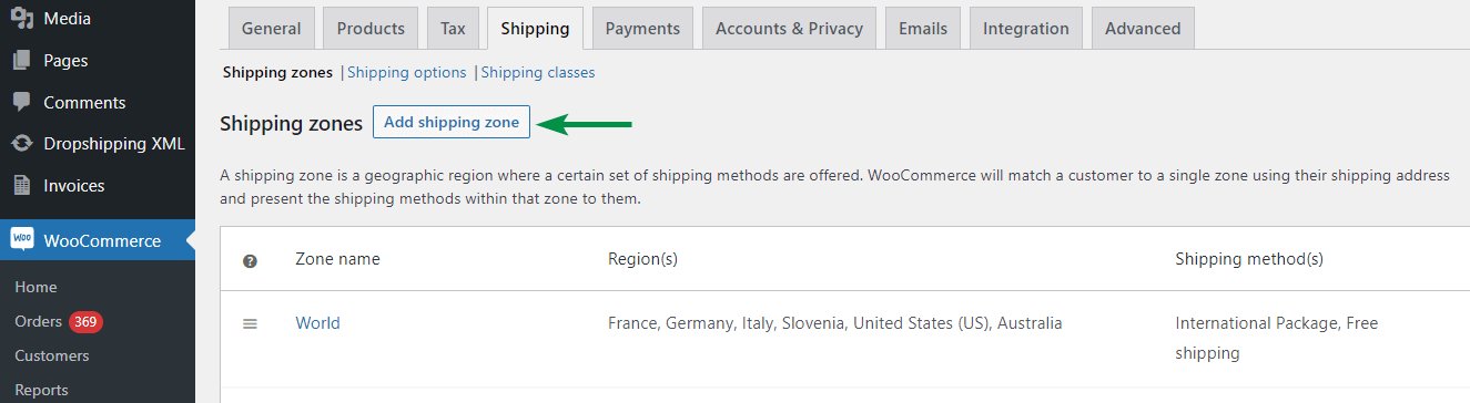 إعدادات مناطق الشحن WooCommerce