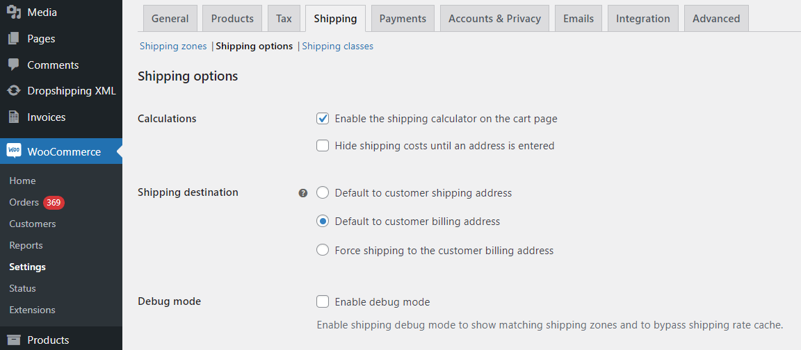 خيارات الشحن WooCommerce