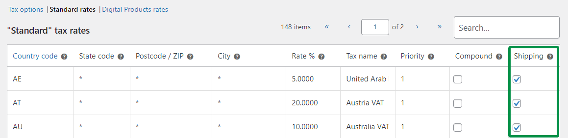 شحن WooCommerce في إعدادات معدل الضريبة