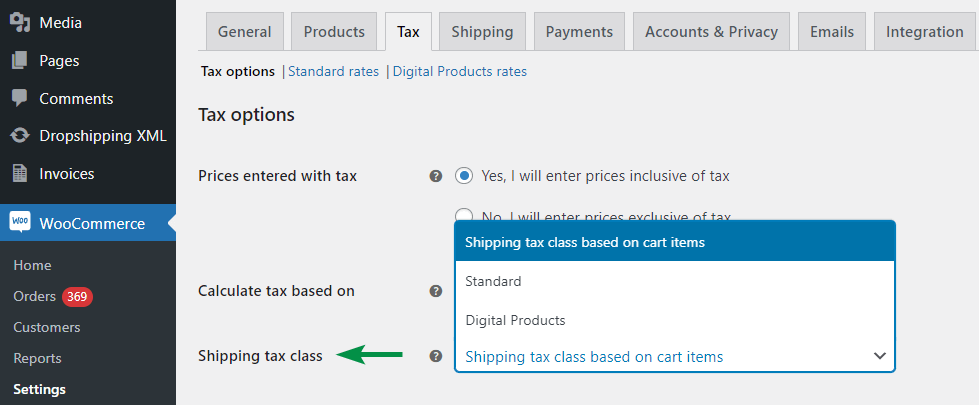فئة ضريبة الشحن WooCommerce