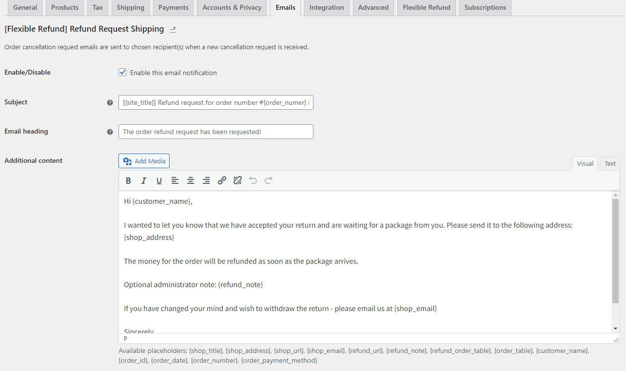 Sesuaikan email permintaan pengembalian dana di WooCommerce