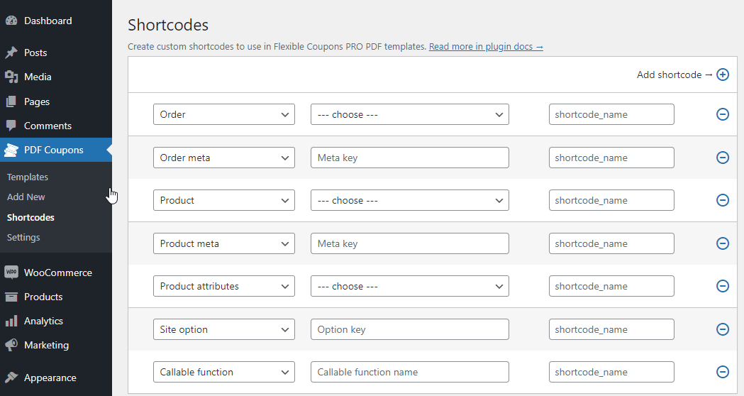 Shortcodes personalizate pentru șabloanele de cupon PDF