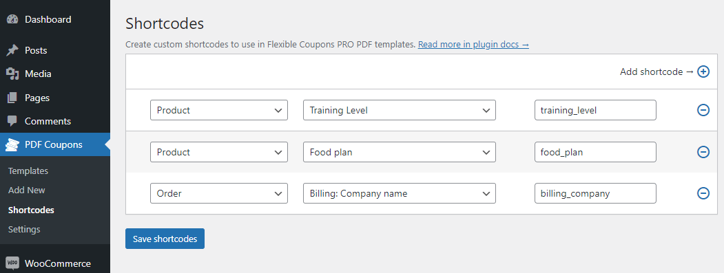 Shortcodes personalizate pentru șablonul personalizat de card cadou PDF WooCommerce