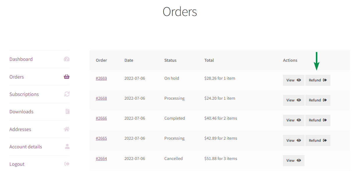 ปุ่มคืนเงิน WooCommerce สำหรับคำสั่งซื้อ - มุมมองบัญชีของฉัน