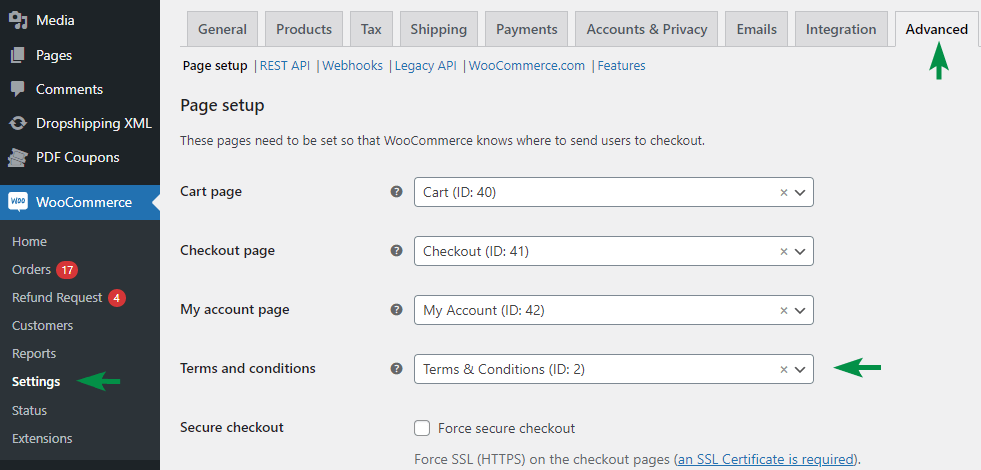 WooCommerce Advanced Settings สำหรับเลือกหน้าข้อกำหนดและเงื่อนไข