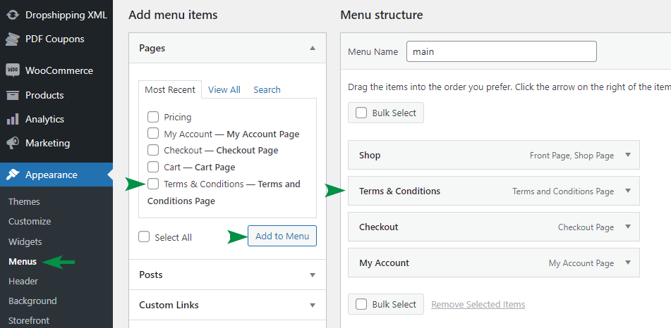 เพิ่มข้อกำหนดและเงื่อนไขในเมนูธีม WordPress