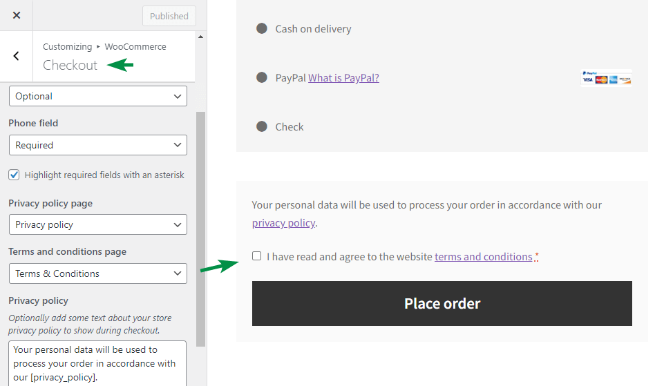 ช่องทำเครื่องหมายข้อกำหนดและเงื่อนไขในแบบฟอร์มการชำระเงิน WooCommerce