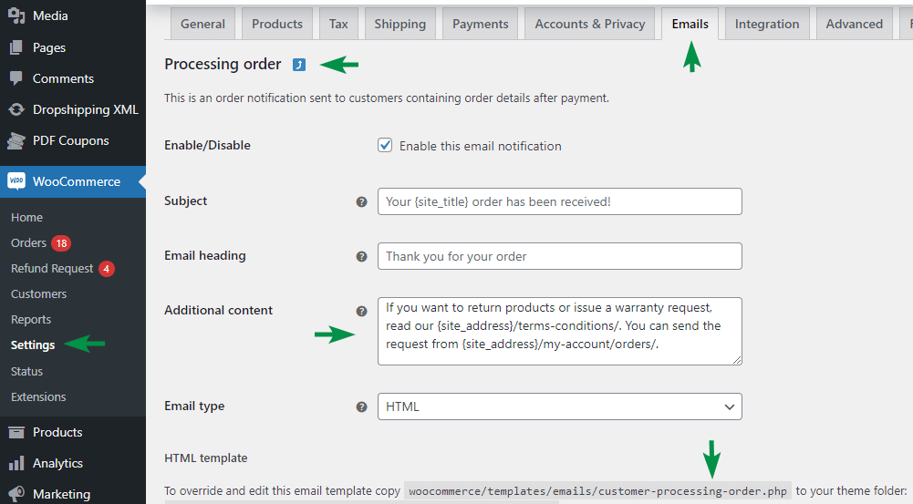 ปรับแต่งอีเมล WooCommerce - เพิ่มลิงก์ไปยังข้อมูลการขอคืนสินค้าและการรับประกัน และเพิ่มความเร็วในการขอคืนเงิน