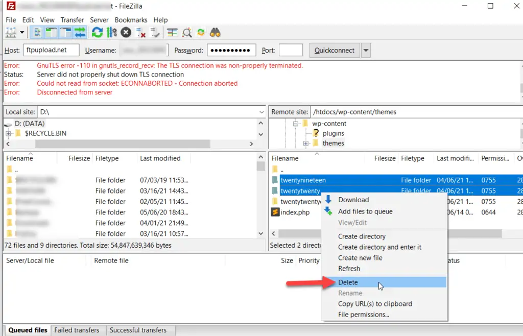 excluir a pasta do tema wordpress no filezilla