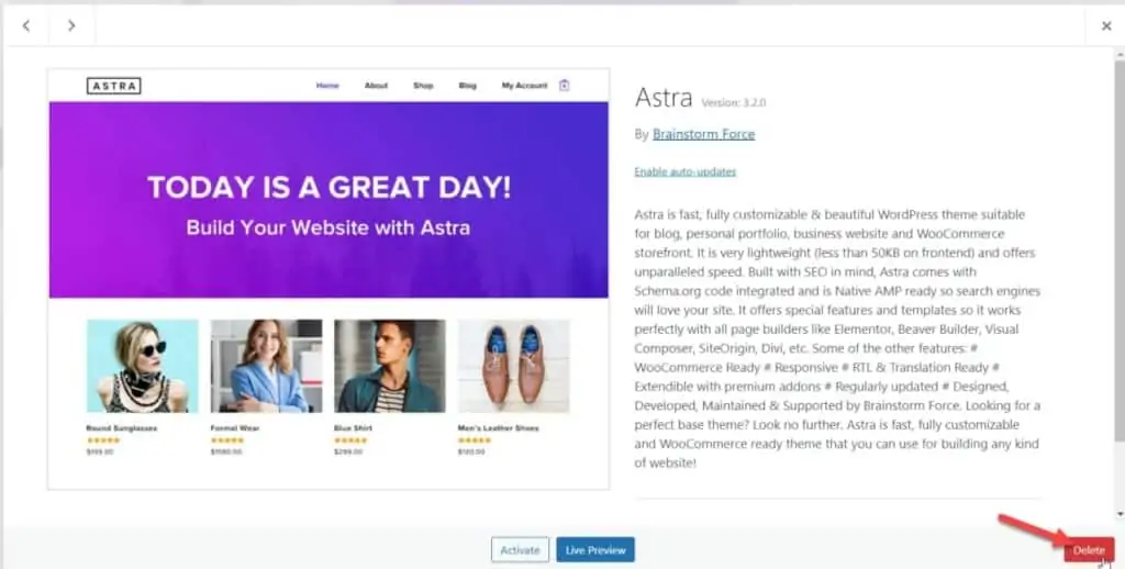 Excluir tema Astra do painel do wordpress