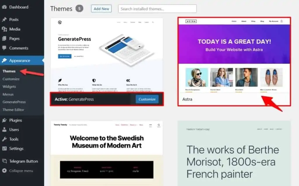 Excluindo um tema do WordPress da seção de administração