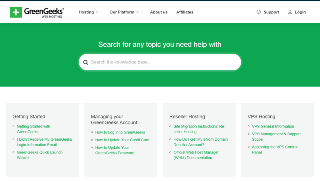 Pagina di supporto di GreenGeeks