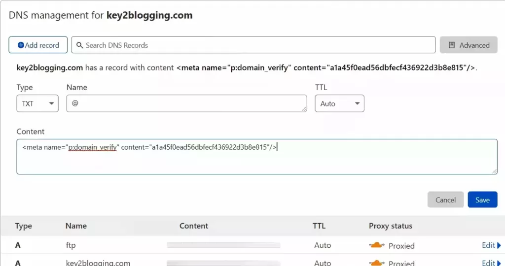 Pinterest'te WordPress web sitesi doğrulaması için txt kaydı ekleyin