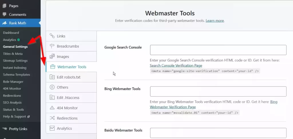 RankMath kullanarak WordPress'e HTML doğrulama etiketi ekleyin