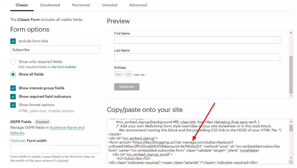 Mailchimp kayıt formu url'si