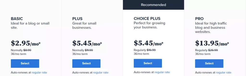 Bluehost 料金プラン
