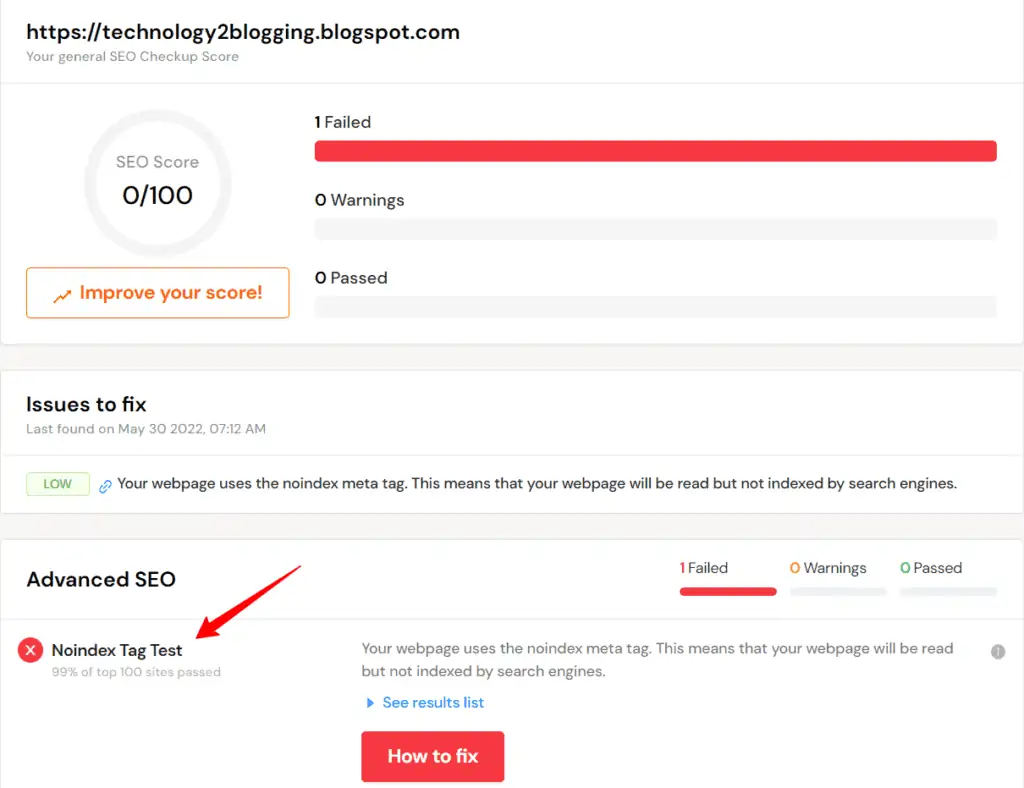 Noindex Tag Test-SEO-Site-Checkup