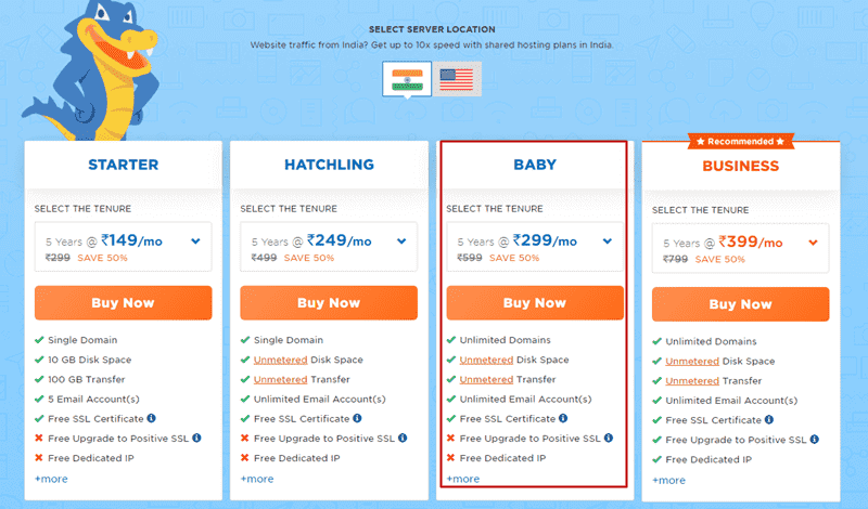 precios del plan hostgator india