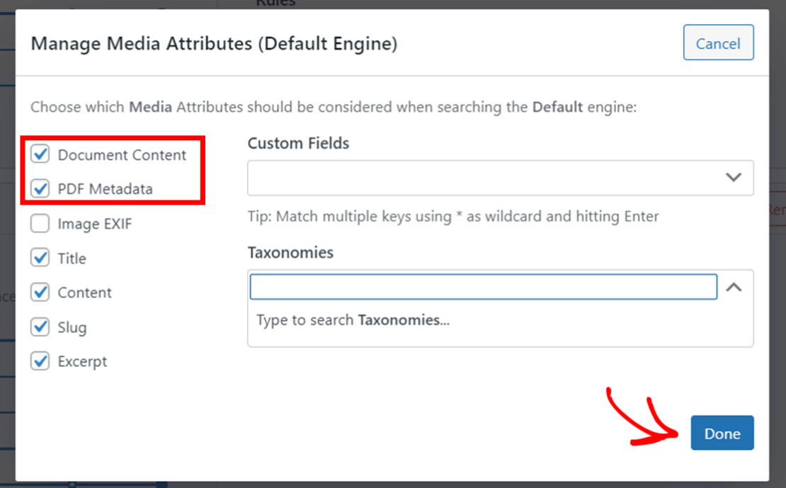 Select PDF files as SearchWP search engine media attributes