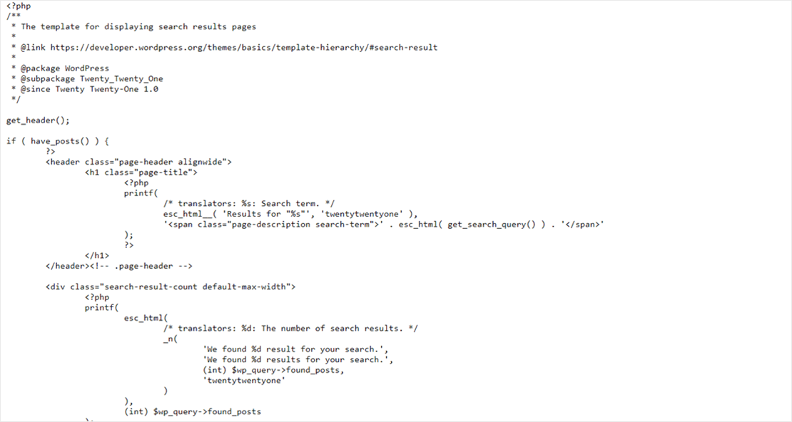 WordPress search results page template