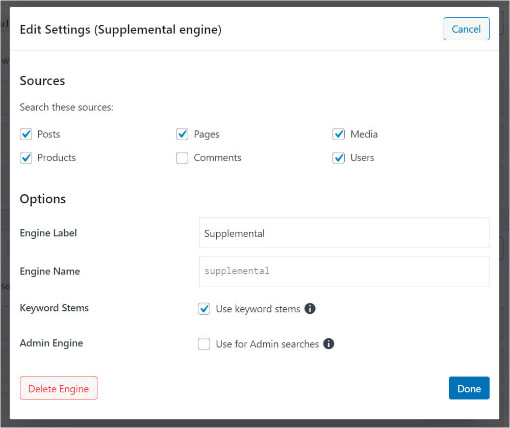 edit settings of a search engines
