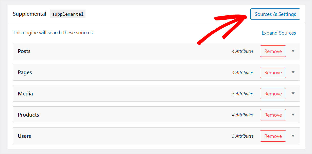 press sources and settings button