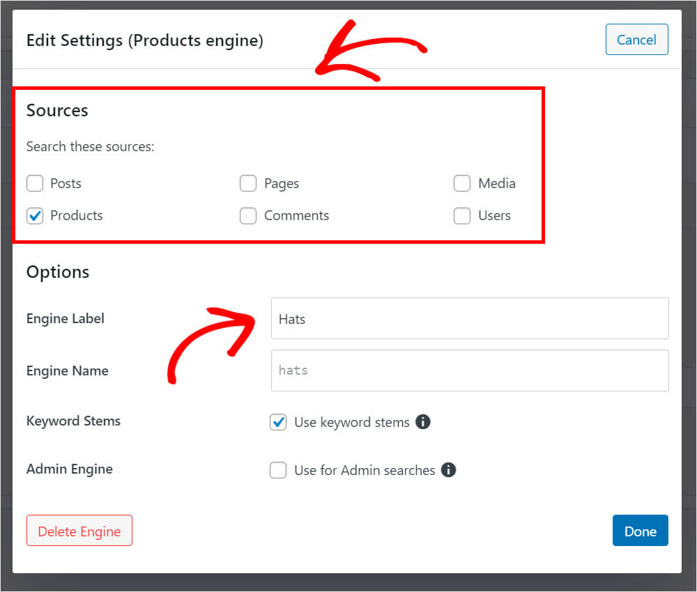 choose the products source and rename the engine