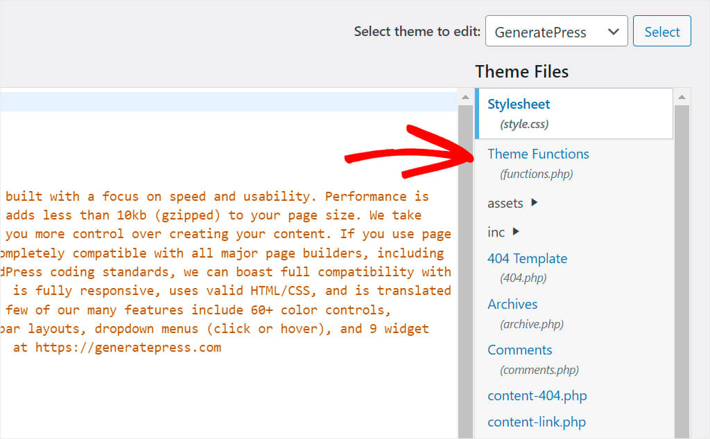 open the functions php file
