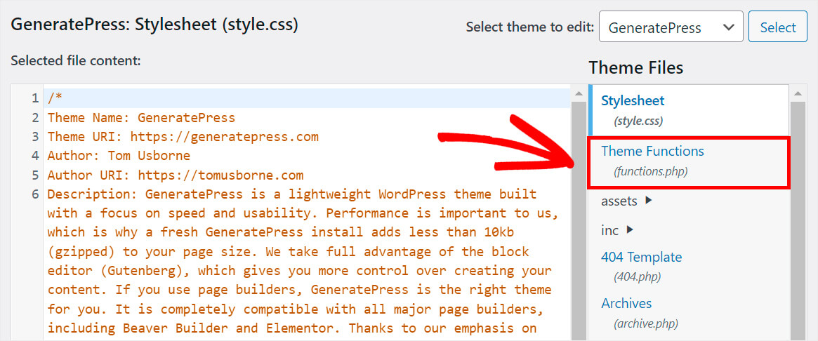 open functions php file