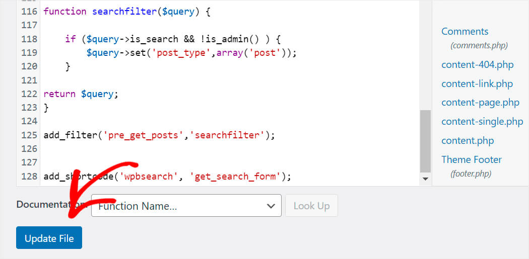 update the functions php file