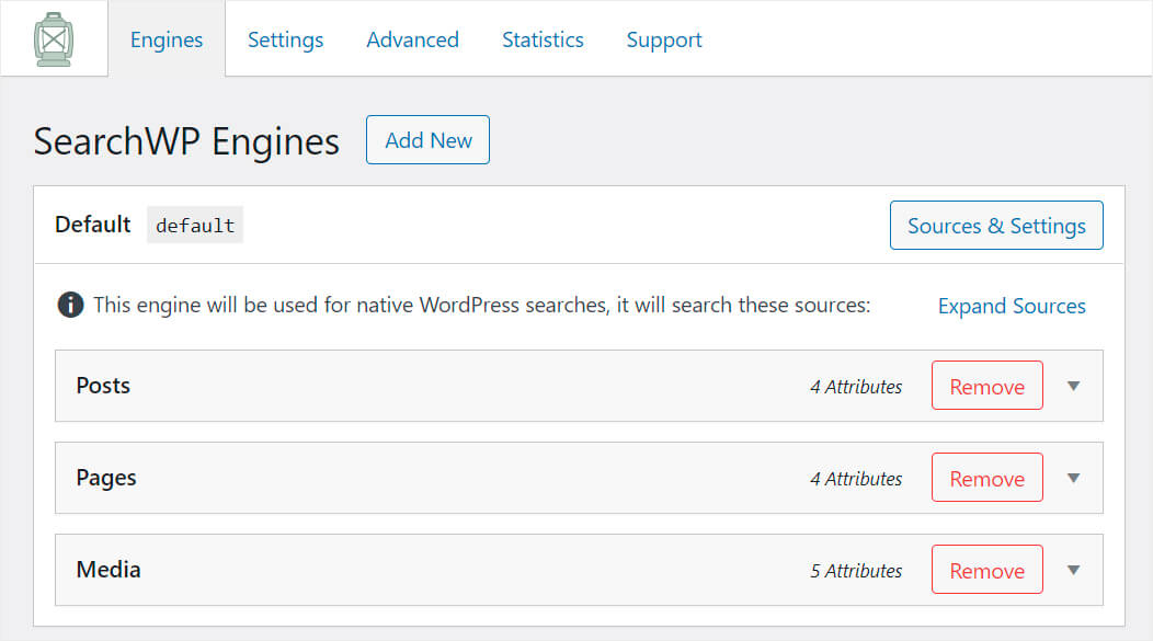 the list of default search sources