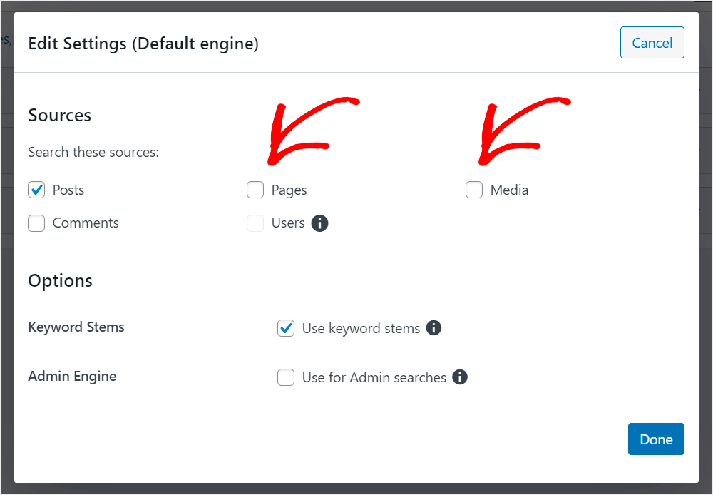 uncheck Pages and Media sources