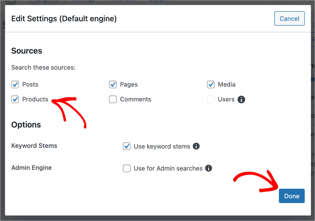 tick the Products checkbox and press Done