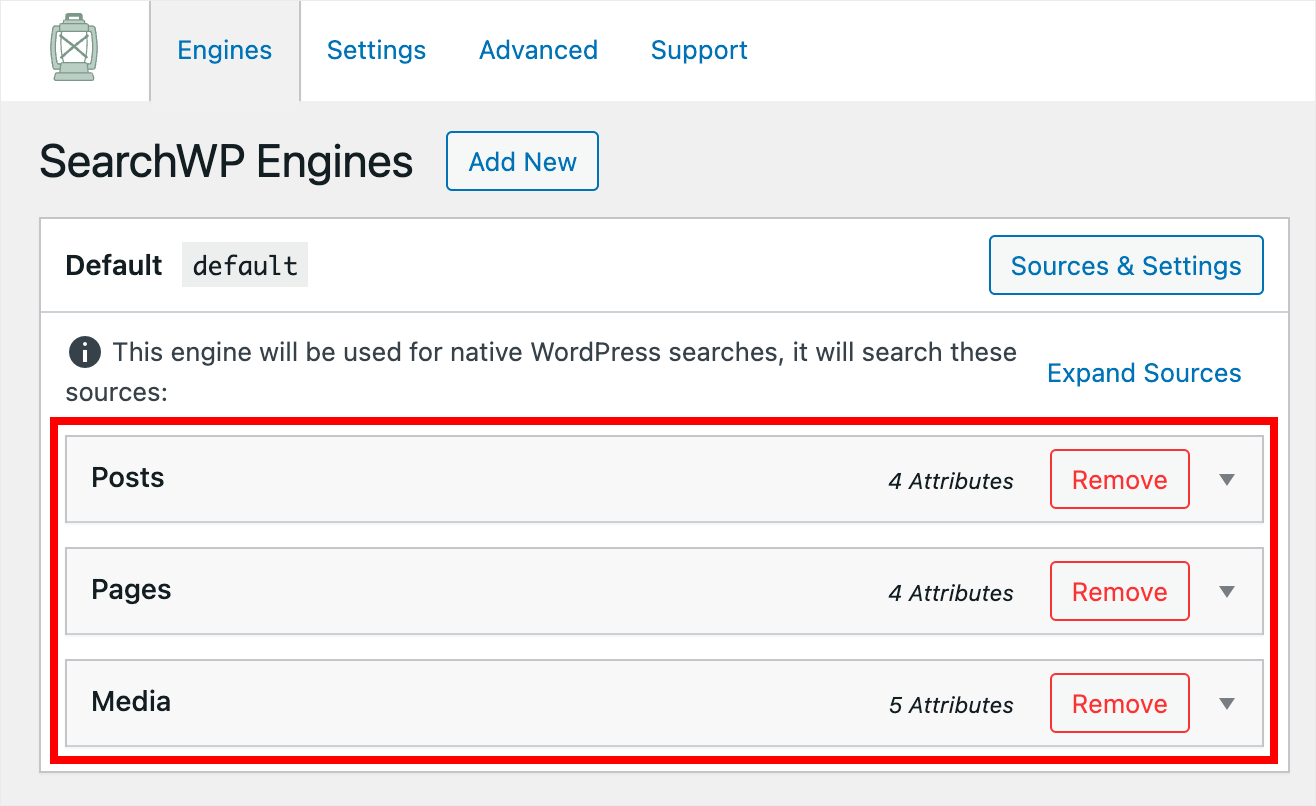the list of search sources