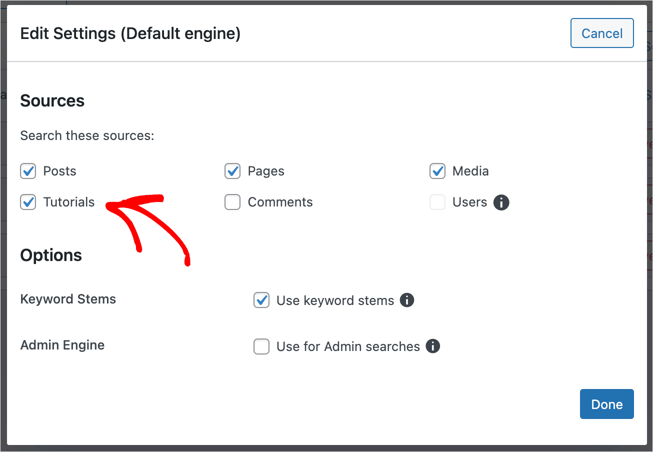 tick the custom post type search source