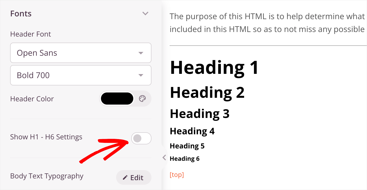 click Show H1-H6 settings