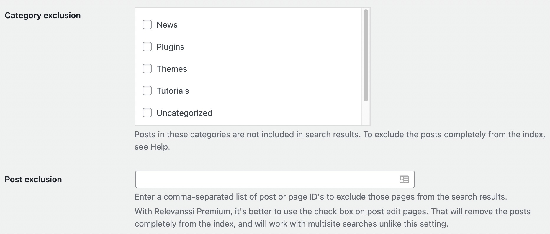exclude a category from search with Relevanssi