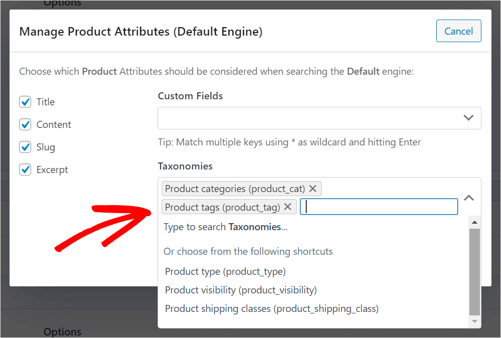 add taxonomies you want WordPress to index