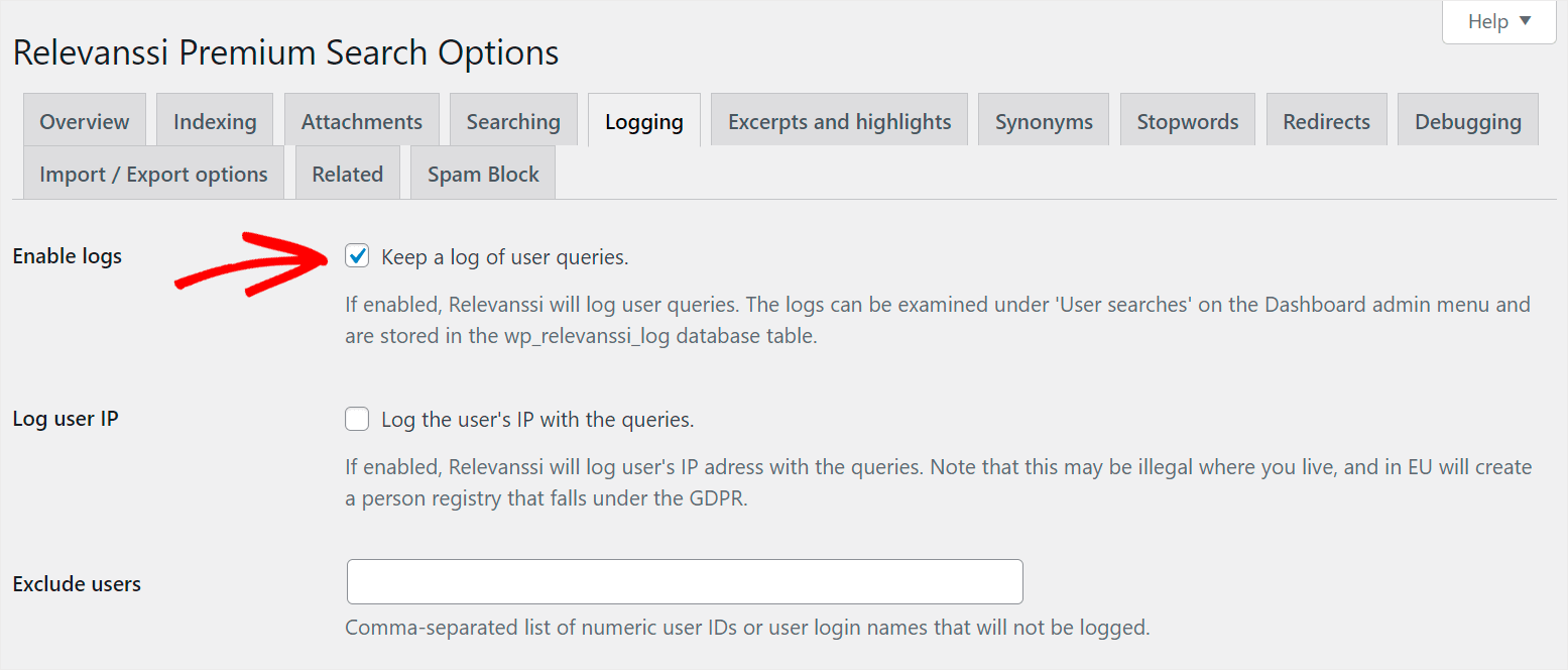 enable logging search queries of users